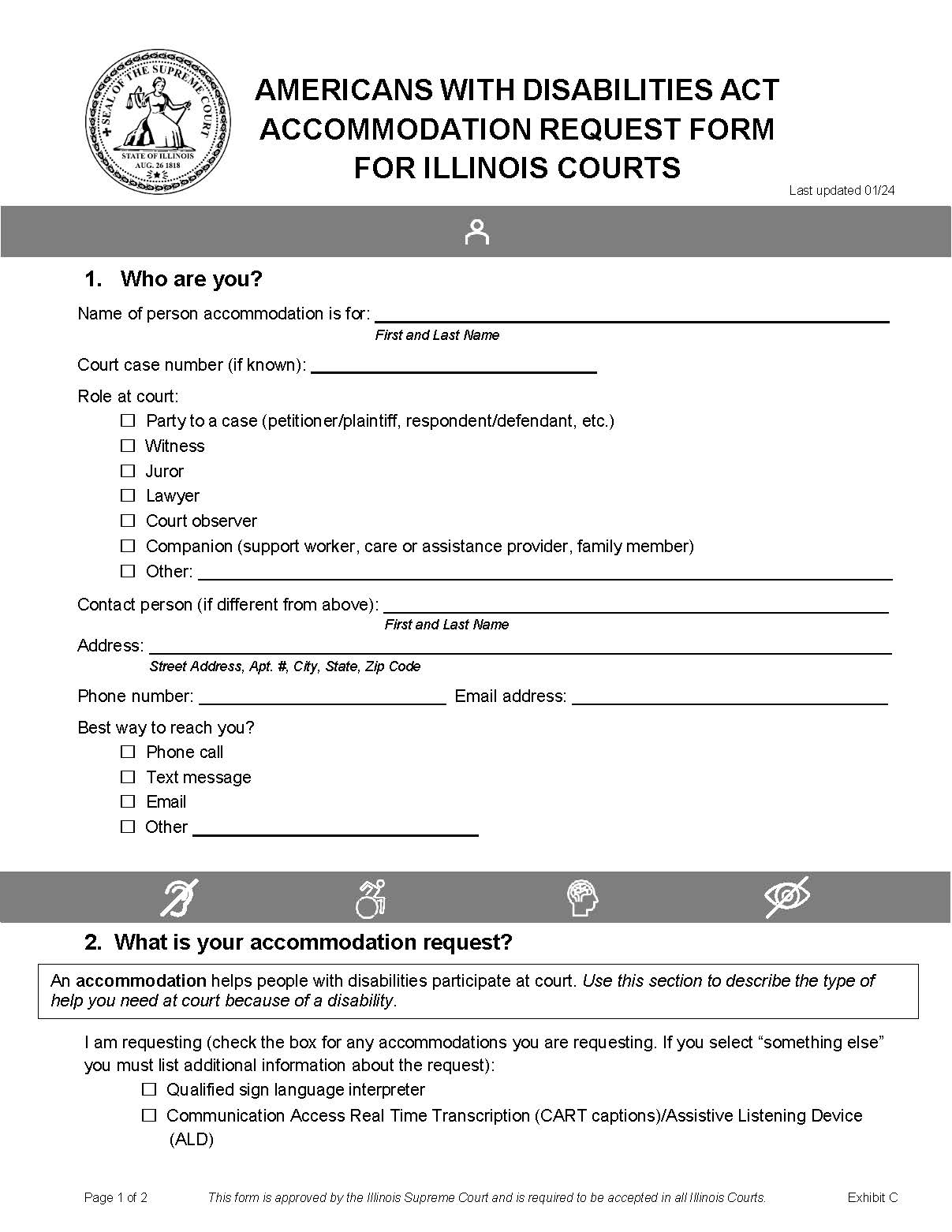 Americans WIth Disabilities Act Accommodation Request For Illinois Courts {Exhibit C] | Pdf Fpdf Docx | Illinois